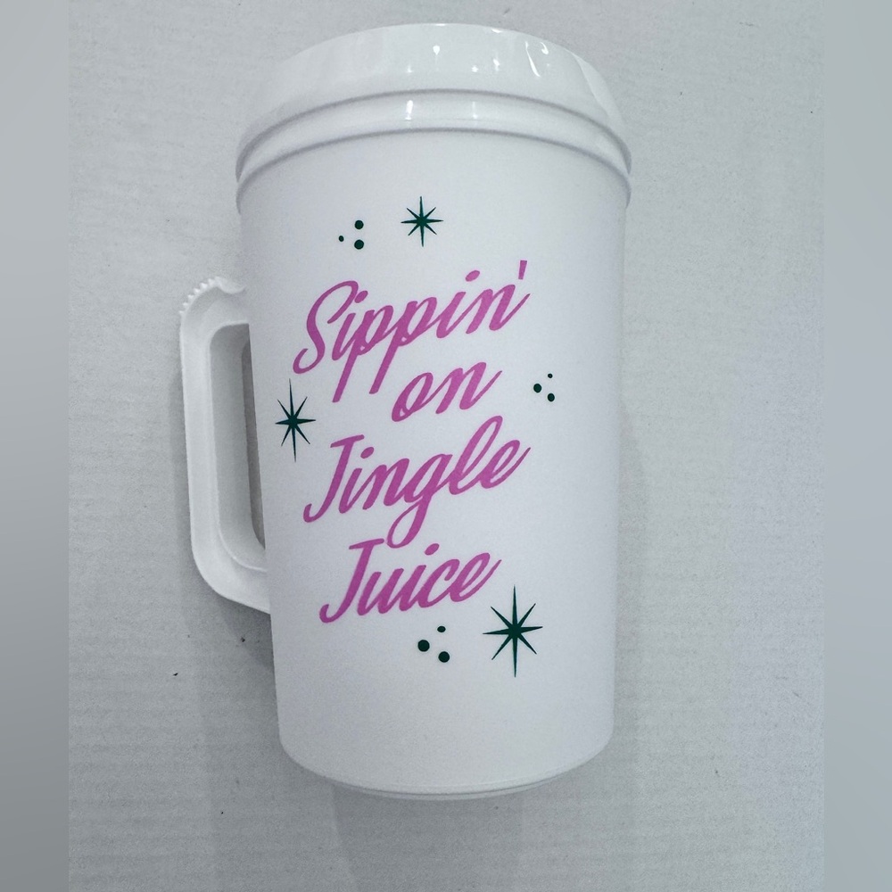 Sippin on Jingle Juice Travel Cup Snap- on Lid 44 oz Pink White Plastic Retro